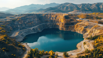 Fototapeta premium Serene autumnal landscape flooded quarry lake majestic mountains