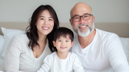 Fototapeta premium Happy Asian family portrait, bedroom background, family bonding