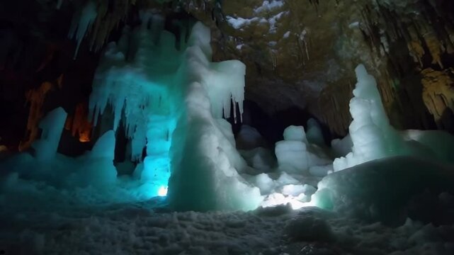 A cave with blue ice and a light blue glow. The cave is dark and the ice is illuminated