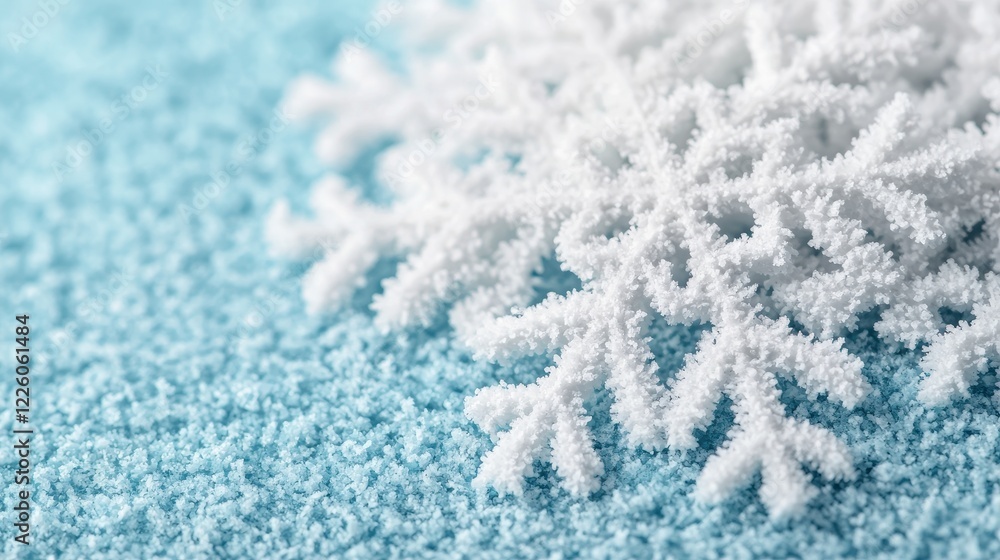 Poster close-up view of snowflake on soft blue background texture