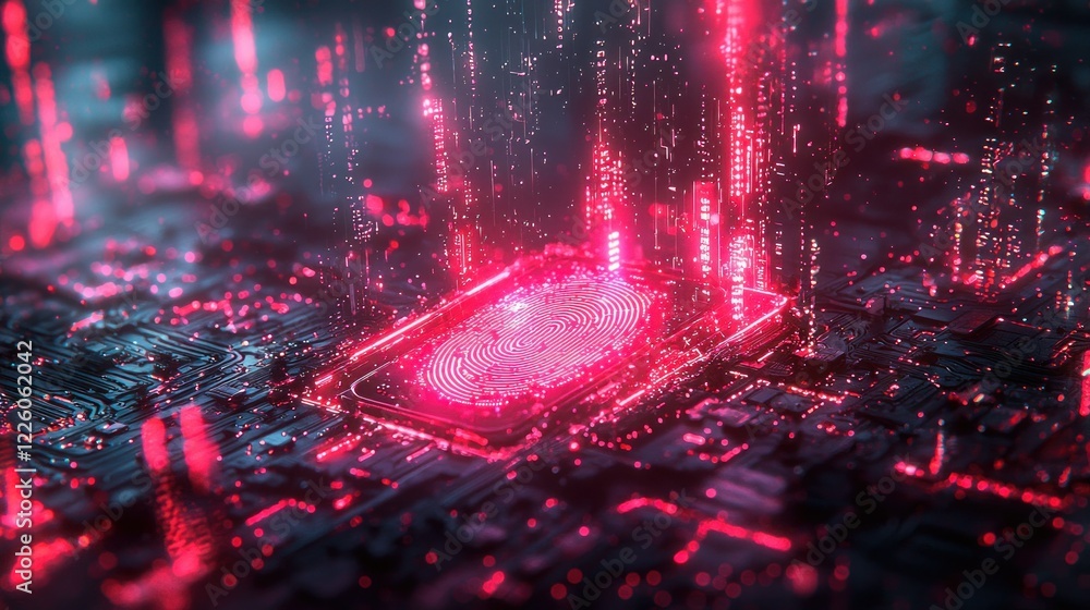 Poster data streams download to chip; circuit board; digital rain; tech background; website banner