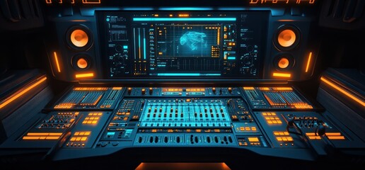 Fototapeta premium Futuristic Music Studio Control Room: Neon Lights and Advanced Technology