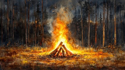 Night campfire in pine forest, warm flames, peaceful scene, nature illustration
