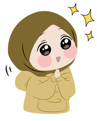 Fototapeta premium Cartoon Hijabi Girl with Sparkling Eyes and Clasped Hands