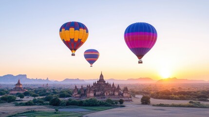 Obraz premium Sunrise hot air balloon ride over ancient temples