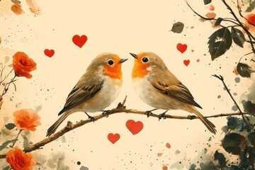 Romantic robins perched, roses, hearts, Valentine's greeting