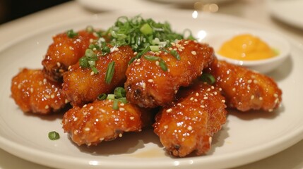 Delicious Spicy Korean Fried Chicken Wings with Sesame Seeds and Green Onions