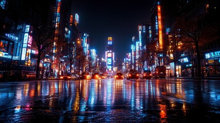 Fototapeta na wymiar Night cityscape, rainy street, vibrant lights, urban reflections, travel background