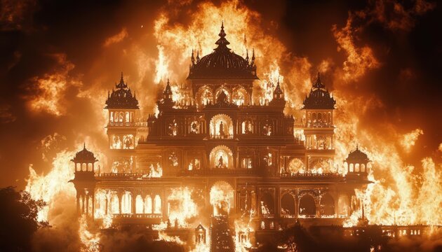 A large Indian palace engulfed in flames.