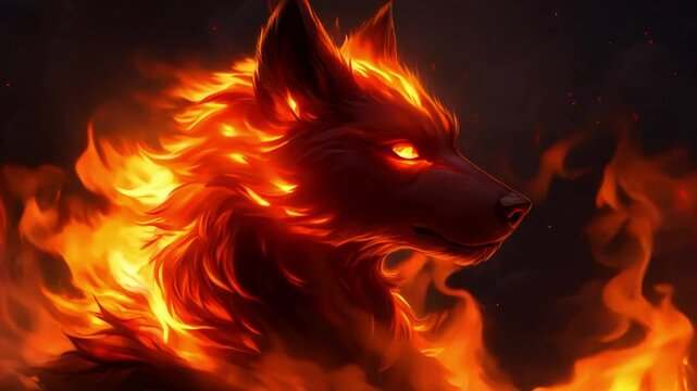 Fiery Wolf Portrait, Dark Background, Game Asset