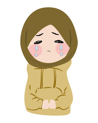 Cartoon Illustration of a Sad Girl Wearing a Hijab