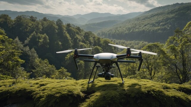 An AI-powered drone analyzing a lush green forest, with data visualizations showing climate change statistics and renewable energy solutions in the background