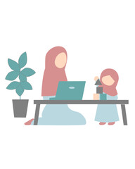 Muslim Mother Working at Home with Child Playing, Flat Illustration