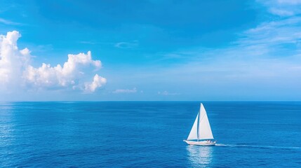 Obraz premium Sailboat sailing on calm ocean under blue sky. Vacation travel poster