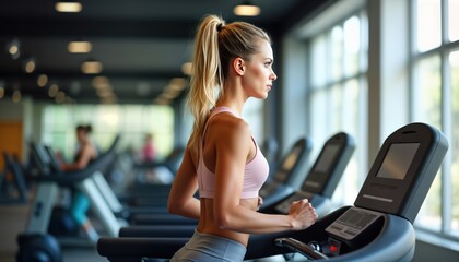 Fototapeta premium Woman exercises on treadmill in gym. Active lifestyle. Fit woman runs on machine. Healthy lifestyle. Workout in fitness center. Person working out. Modern gym equipment. Focus on wellbeing, physical