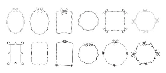 Decorative frames with bows, curvy ribbons and wavy lines hand drawn linear minimal isolated set