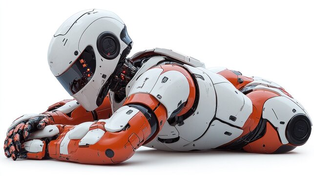 Futuristic robot lying prone on white background