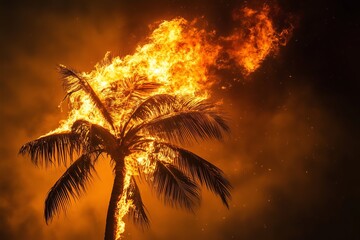 Fire engulfs a palm tree. Close-up.