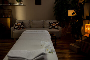 A Serene Spa Room Featuring a Calming Ambiance with Cozy and Inviting Decor Elements