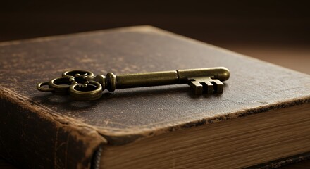 Antique key on aged book.  Brass key and brown leather.  Vintage wisdom and secrets.
