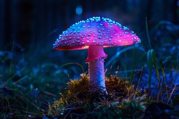 Bright pink mushroom with white spots is glowing at night in an enchanted forest