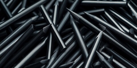 A chaotic background of black charcoal pencils, view from above.