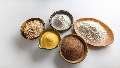 Fototapeta premium Vivid Display of Various Grains and Flours A Closer Look at Textures and Colors on a White Background, Showcasing the Beauty and Diversity of Natural Products