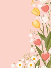 Naklejka premium Pink floral border, tulips, daisies, hearts, pastel background, card design