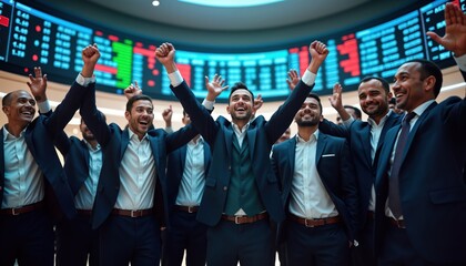 Group of happy business people celebrates success in stock exchange. Wearing suits, raising arms in air. Financial professionals excited about successful auction. Diverse in appearance. Inside large