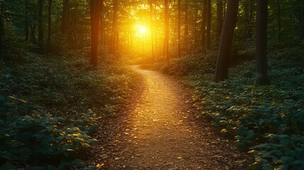 Obraz premium Golden Hour Path: A Serene Forest Walk at Sunset