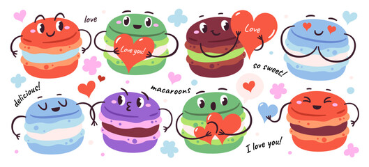 Cute hand drawn macaroons cake characters with funny faces falling in love, lovely couples