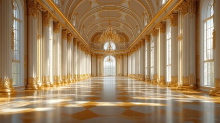 Obraz premium Sunlit Palace Hallway, Grand Columns, Sunlight Streaming, Elegant Interior, Event Venue