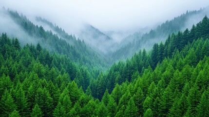 Lush Green Forest Valley Shrouded in Misty Fog at Sunrise