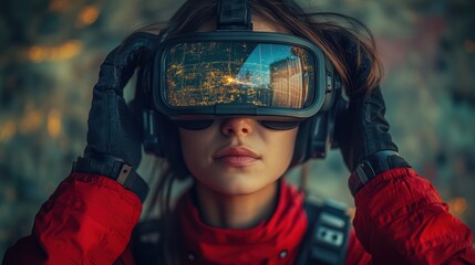 VR headset user, urban city background, exploring virtual world
