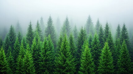 Fototapeta premium Misty Forest Landscape with Evergreen Trees in Foggy Atmosphere