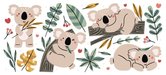 Obraz premium Cute koala baby animal cartoon characters holding eucalyptus leaves, sitting on branch, sleeping