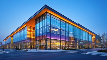 Modern glass building at dusk, city lights, commercial area