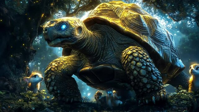 Golden Tortoise guards creatures in enchanted forest; fantasy game asset