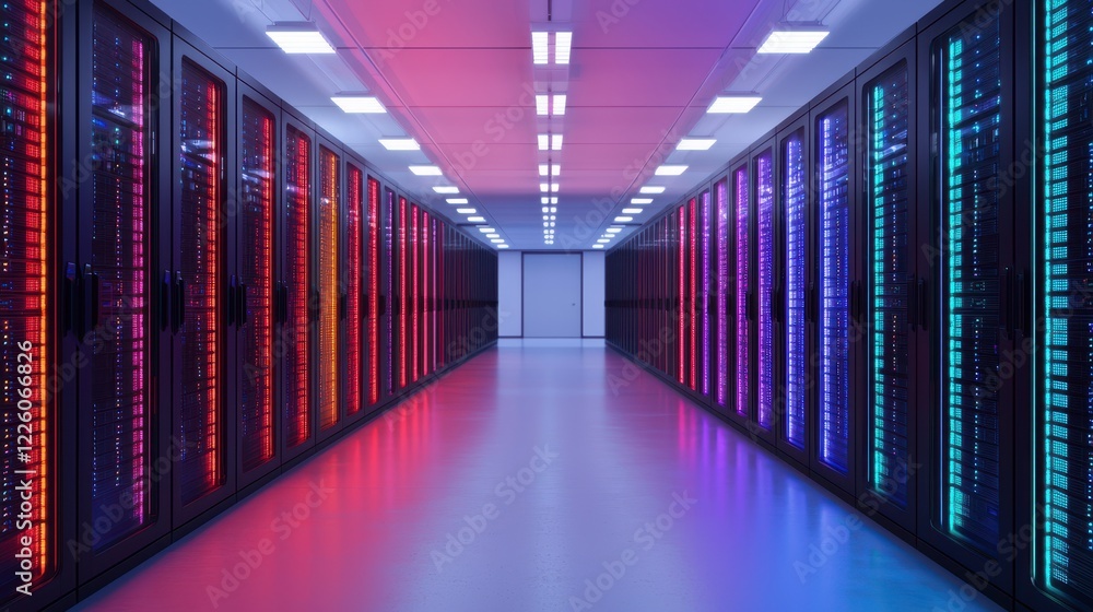 Aufkleber modern data center with colorful server racks and ambient lighting