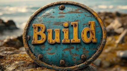Rusty shield-shaped sign with the word "Build" on a rocky beach.