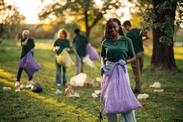 Young people volunteers picking up trash in park