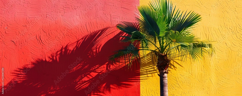 Poster palm tree is casting a shadow on a red and yellow wall