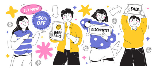 Fototapeta premium Happy smiling people doodle characters advertising special offer sale discounts, best prices