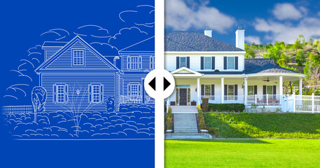 Before and After Slider Comparing Blueprint Sketch Drawing Plans and Completed Custom House.