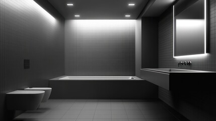 Modern dark bathroom interior design, minimalist bathtub, city view