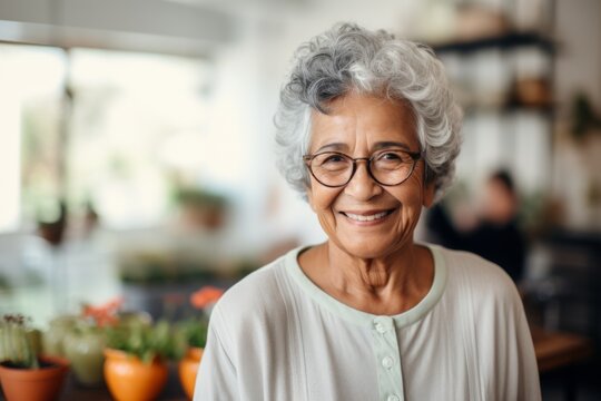 Smiling portrait of a happy senior latin woman in nursing home - Powered by Adobe