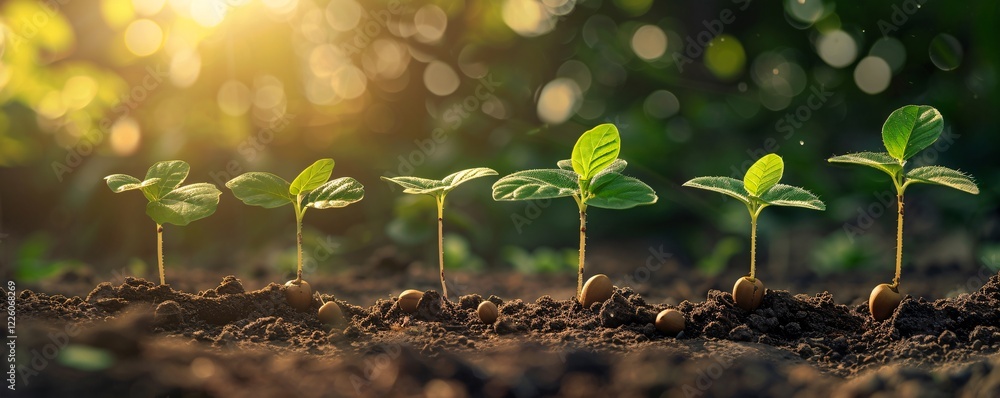 Poster seedlings thriving in rich soil with the sun illuminating the background