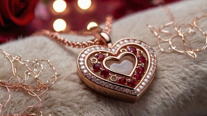 a heart-shaped pendant necklace on a velvet cushion. The pendant is made of rose gold and encrusted with tiny diamonds. The cushion is surrounded by red rose petals and a soft focus 