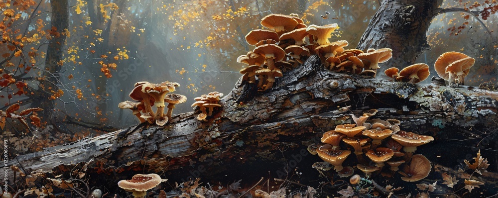 Aufkleber Autumn forest scene with clusters of mushrooms on fallen tree trunk