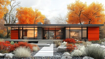 Modern Autumnal Residence: A Stunning Rancher Home Amidst Vibrant Fall Foliage